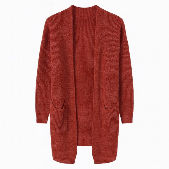 Dreamers Sweaters - Dreamers Rust Open Front Pocket Cardigan Sweater Women’s Size L Cozy Knit Longli